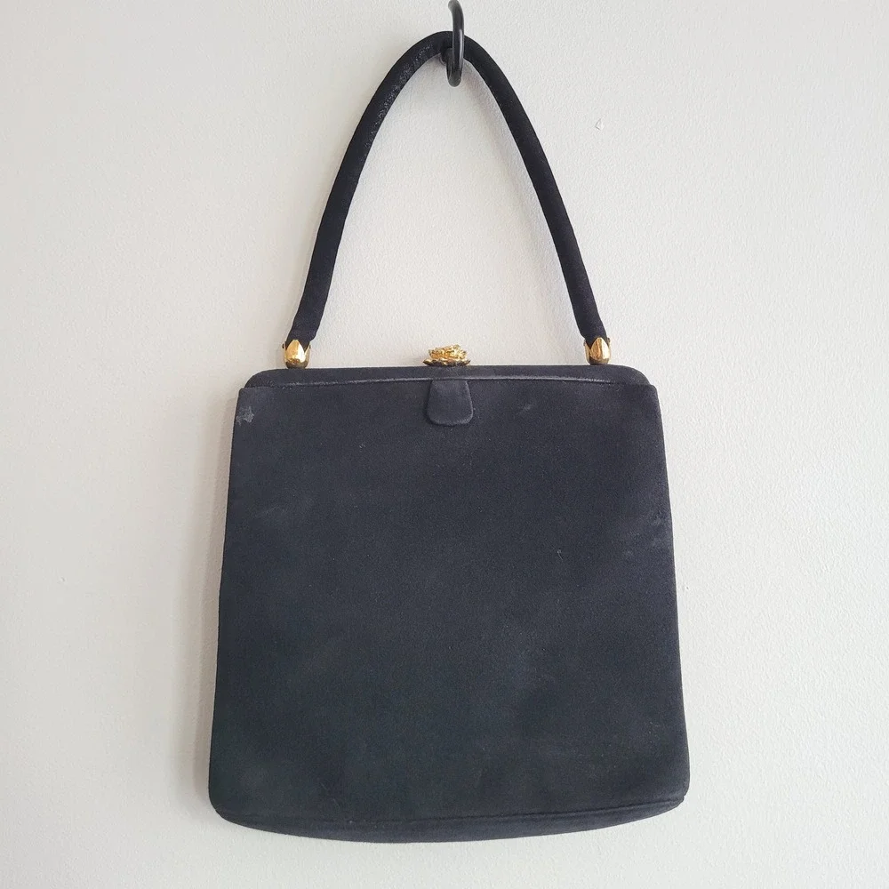 Vintage 60s Coblentz perma‎ suede black satchel handbag purse gold rose detail